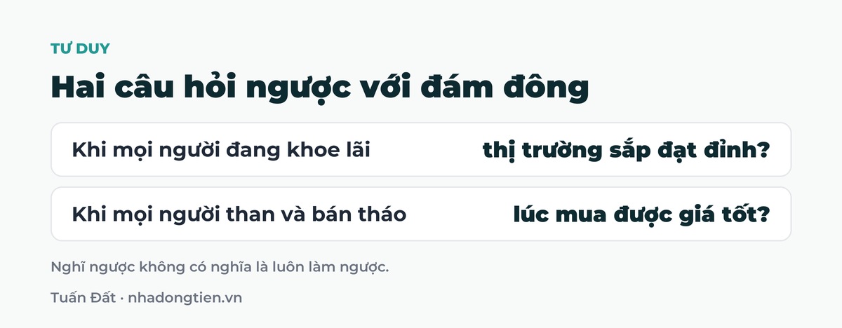 Bảng tóm tắt hai câu hỏi ngược với đám đông: Khi mọi người đang khoe lãi thị trường sắp đạt đỉnh?; Khi mọi người than và bán tháo lúc mua được giá tốt?