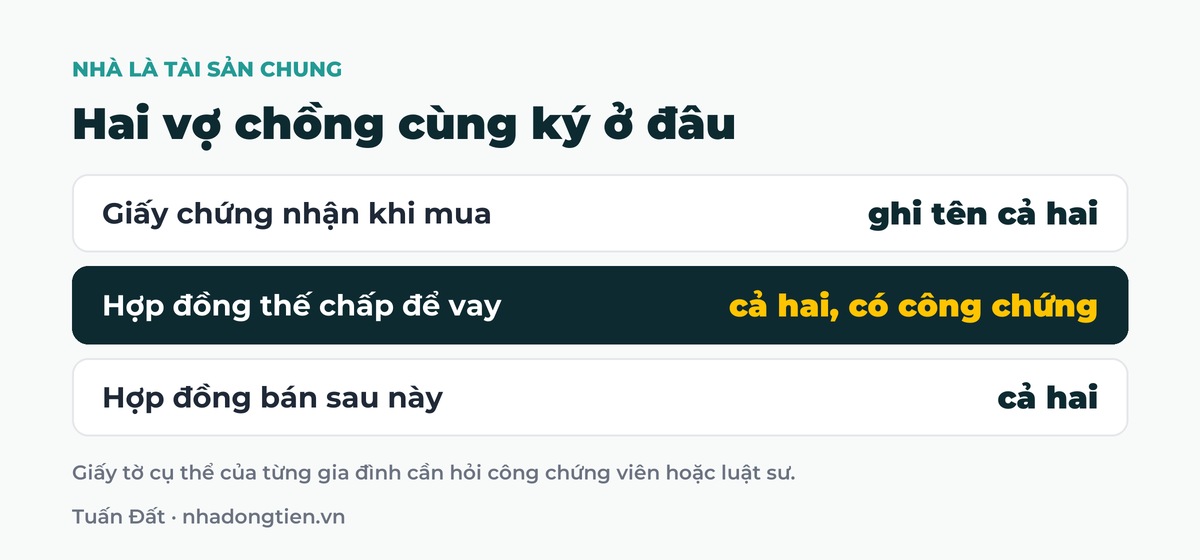 Bảng tóm tắt hai vợ chồng cùng ký ở đâu: Giấy chứng nhận khi mua ghi tên cả hai; Hợp đồng thế chấp để vay cả hai, có công chứng; Hợp đồng bán sau này cả hai