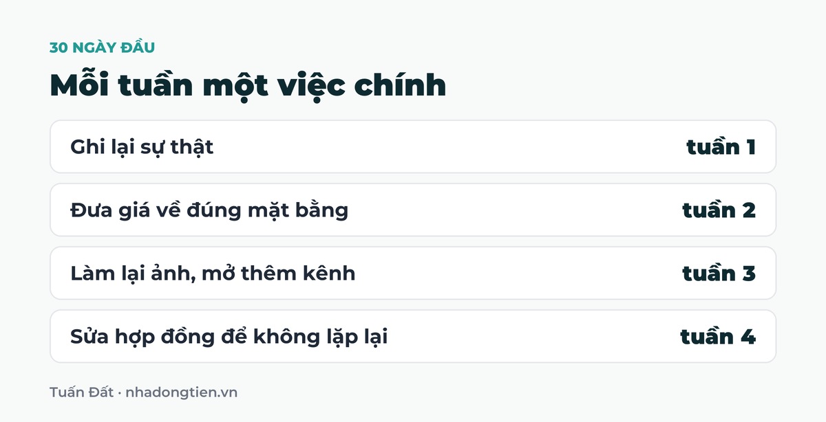 Bảng tóm tắt mỗi tuần một việc chính: Ghi lại sự thật tuần 1; Đưa giá về đúng mặt bằng tuần 2; Làm lại ảnh, mở thêm kênh tuần 3; Sửa hợp đồng để không lặp lại tuần 4